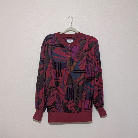 Vintage Caron Of Chicago Red and Purple Geometric Long Sleeve Blouse - Picture 1 of 4
